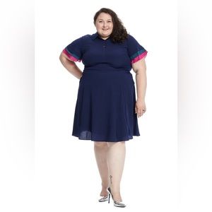 Eloquii Shirt Dress 20 Plus Colorblock Sleeve 1/2 Button Collared Navy Pink Teal